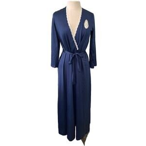 Vintage Vanity Fair Dressing Gown Navy White Lace Trim Size 32
